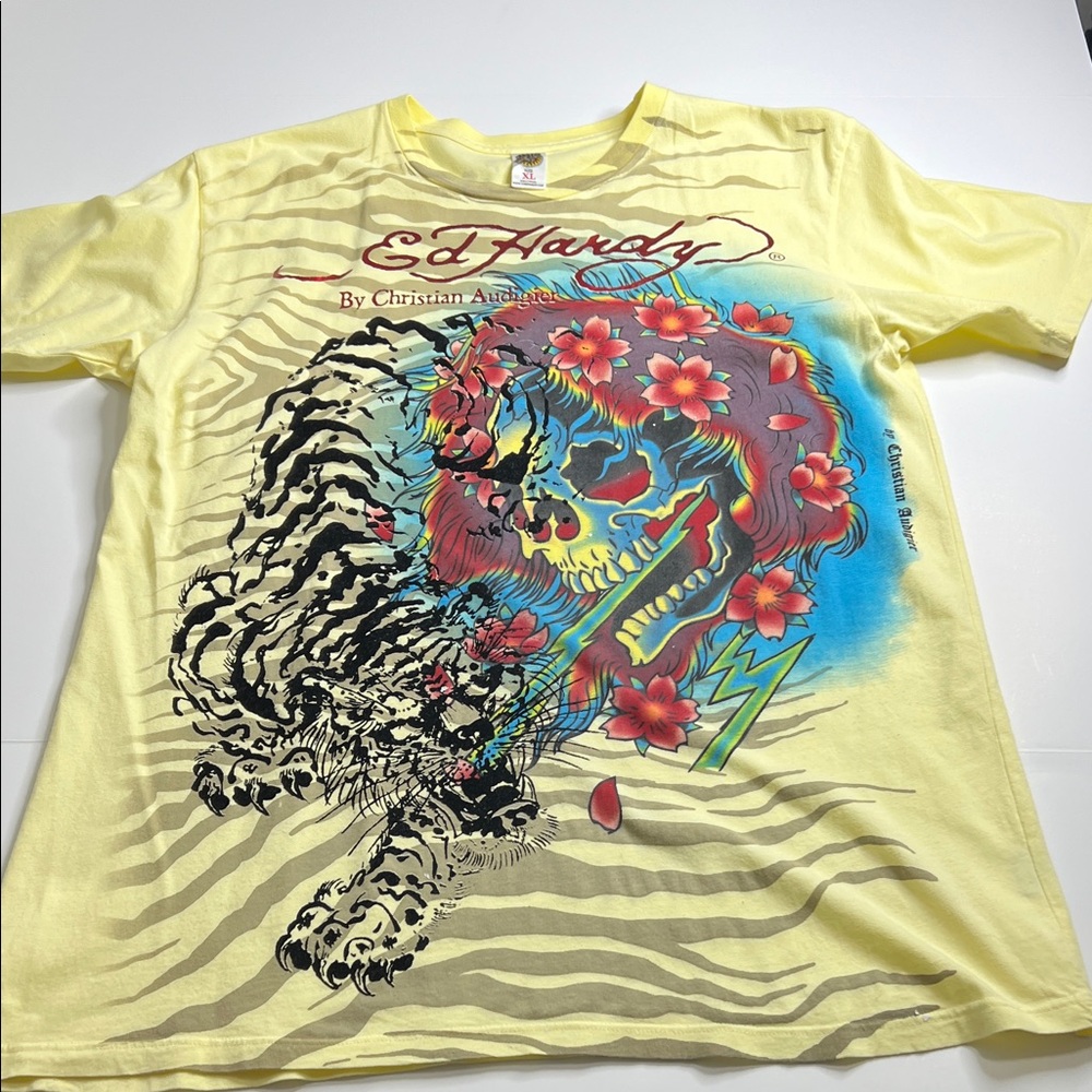 Ed Hardy Vibrant Yellow Tee with Skull and Tiger